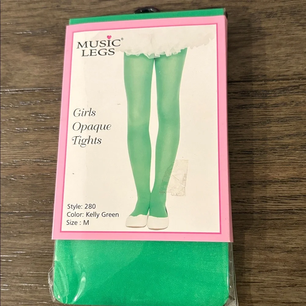 NWT [Music Legs] Kelly Green Opaque Tights Footed Nylons Kids/Girls M Ages 4-7